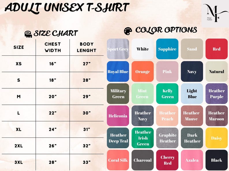 Peut inclure: Image d'un tableau des tailles et des options de couleurs pour t-shirts unisexes pour adultes. Le tableau des tailles indique une largeur de poitrine de 40.6 cm &agrave; 71.1 cm et une longueur de corps de 68.6 cm &agrave; 83.8 cm. Couleurs : Sport Grey, Blanc, Saphir, Sable, Rouge.