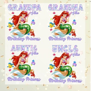 Peut inclure: Quatre images carr&eacute;es avec une illustration de sir&egrave;ne. Chaque image contient le texte "GRANDPA", "GRANDMA", "AUNTIE" et "UNCLE" au-dessus des mots "of the" et "Birthday Princess". La sir&egrave;ne a des cheveux roux et une queue verte.