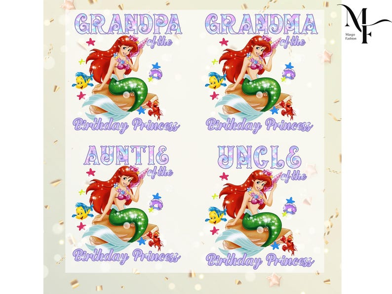 Peut inclure: Quatre images carr&eacute;es avec une illustration de sir&egrave;ne. Chaque image contient le texte "GRANDPA", "GRANDMA", "AUNTIE" et "UNCLE" au-dessus des mots "of the" et "Birthday Princess". La sir&egrave;ne a des cheveux roux et une queue verte.