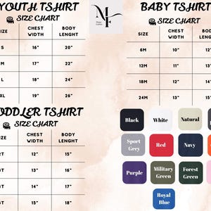 Peut inclure: Tableaux des tailles pour t-shirts enfants, b&eacute;b&eacute;s et tout-petits. Le tableau des jeunes comprend les tailles S &agrave; XL, avec des largeurs de poitrine de 40,6 cm &agrave; 48,3 cm et des longueurs de corps de 50,8 cm &agrave; 66 cm. Les tailles b&eacute;b&eacute; vont de 6M &agrave; 24M. Les tailles tout-petits vont de 2T &agrave; 5T.
