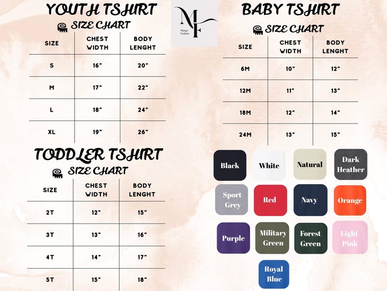 Peut inclure: Tableaux des tailles pour t-shirts enfants, b&eacute;b&eacute;s et tout-petits. Le tableau des jeunes comprend les tailles S &agrave; XL, avec des largeurs de poitrine de 40,6 cm &agrave; 48,3 cm et des longueurs de corps de 50,8 cm &agrave; 66 cm. Les tailles b&eacute;b&eacute; vont de 6M &agrave; 24M. Les tailles tout-petits vont de 2T &agrave; 5T.