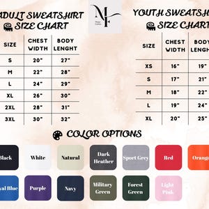 Peut inclure: Tableaux des tailles pour sweat-shirts adultes et jeunes, indiquant la largeur de poitrine et la longueur du corps en pouces. Les options de couleurs incluent le noir, le blanc et diverses autres teintes comme le rouge, l'orange et le bleu marine.