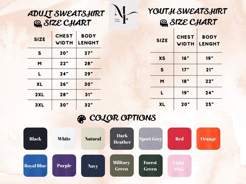 Peut inclure: Tableaux des tailles pour sweat-shirts adultes et jeunes, indiquant la largeur de poitrine et la longueur du corps en pouces. Les options de couleurs incluent le noir, le blanc et diverses autres teintes comme le rouge, l'orange et le bleu marine.