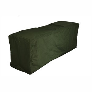 May include: A dark green outdoor furniture cover. The cover is made of a water-resistant material and is designed to protect furniture from the elements.