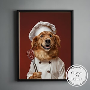 Custom Chef Pet Portrait, Gourmet Pet Lovers Gift, Pet in Kitchen Wall Decor,  Personalized Pet Portrait from Photo, Birthday Gift