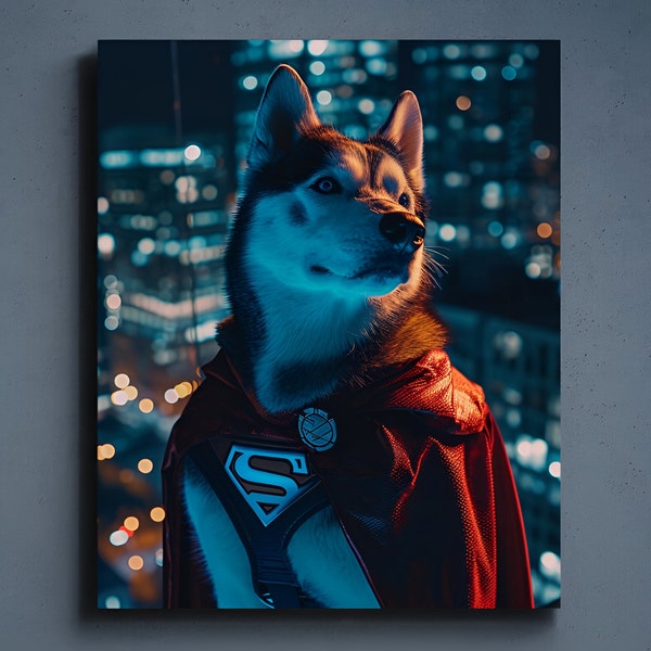 Custom Superhero Pet Portrait, Dog in Hero Cape Costume, Superman Pet Personalized Gift, Funny Pet Lover Present Customized Letter Costume