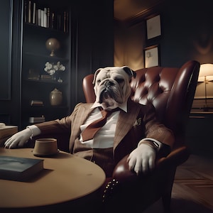Bulldogge Porträt in menschlicher Kleidung, Bulldogge Einzigartige Leinwand Wandkunst, Lustiges Hundeliebhaber Geschenk, Personalisierte Haustier Leinwand, Bulldogge Besitzer Wohnkultur