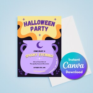 Bearbeitbare lila Kessel-Halloween-Einladung | Gruselige Canva Vorlage | Sofort Download