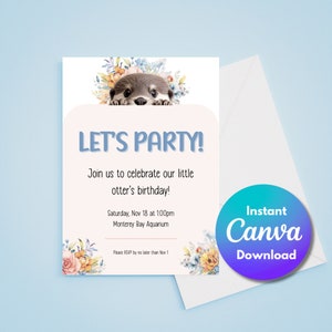 Invitación de cumpleaños de nutria editable / Plantilla de Canva para fiestas de animales / Descarga instantánea
