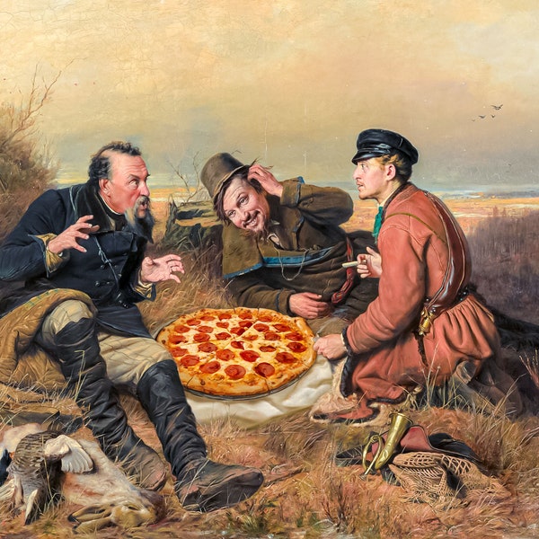 Hunters at rest with a pepperoni pizza wall art print