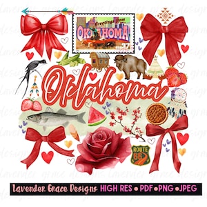 Puede incluir: Un diseño de acuarela con la palabra "Oklahoma" en escritura roja, rodeado de ilustraciones de un sello, un bisonte, una rosa, una tarta y otros símbolos estatales. El diseño incluye lazos y corazones rojos, con el texto "Greetings from Oklahoma".
