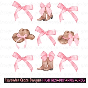 May include: A set of nine watercolor illustrations featuring pink bows, cowboy hats, and cowboy boots. The illustrations are perfect for crafting projects, scrapbooking, and digital design.