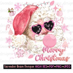 May include: A watercolor illustration of Santa Claus wearing pink heart-shaped sunglasses and blowing a pink bubble. He has a white beard and a pink Santa hat. The background is white with pink snowflakes and other Christmas decorations. The text "Merry Christmas" is written in pink letters below Santa.