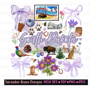 May include: A digital graphic featuring a collection of South Dakota-themed illustrations. Includes a stamp, bison, Mount Rushmore, flowers, a pheasant, and the text "South Dakota" in a purple script. Lavender Grace Designs is at the bottom.