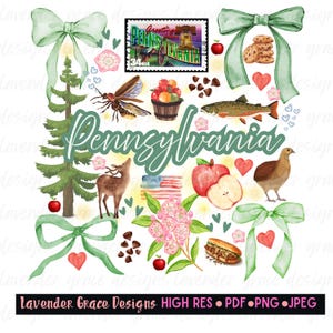 May include: Watercolor illustration featuring Pennsylvania-themed elements. Includes a stamp, apples, a deer, a fish, a bird, a sandwich, and the word "Pennsylvania" in script. Accented with green bows and hearts. The text "Lavender Grace Designs" is also present.