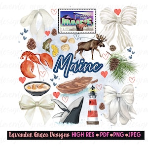 Puede incluir: Un diseño de acuarela con ilustraciones temáticas de Maine. Incluye un alce, una langosta, un faro, una ballena y una postal que dice "Greetings from Maine". La palabra "Maine" está escrita en azul, rodeada de corazones y lazos.