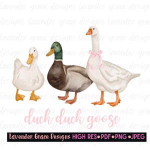 May include: Watercolor illustration of a duck, a duck, and a goose. The ducks are brown and white, and the goose is white with a pink ribbon around its neck. The text "duck duck goose" is written in pink below the animals.