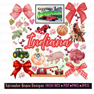 May include: A digital design featuring Indiana-themed illustrations. Includes a red cursive "Indiana" text, a vintage stamp, a race car, a basketball, a cardinal, a tractor, a pig, bows, and floral elements. The design also includes the text "Lavender Grace Designs HIGH RES • PDF • PNG • JPEG."
