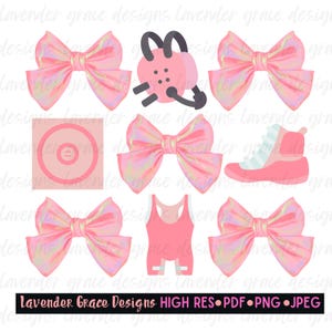 May include: A set of pink and iridescent digital illustrations featuring a wrestling singlet, wrestling headgear, wrestling shoes, and bows. The text "Lavender Grace Designs HIGH RES PDF PNG JPEG" is at the bottom of the image.