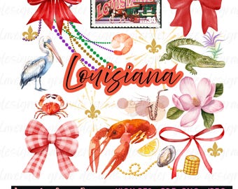 May include: A watercolor design featuring elements of Louisiana culture. Includes a pelican, alligator, crawfish, crab, and a postcard that says "Greetings from Louisiana". The word "Louisiana" is written in a cursive font, with red bows and Mardi Gras beads.
