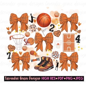 May include: Orange and brown basketball themed digital clipart with bows, basketballs, a basketball hoop, a basketball court, and the words "Hoops" and "Go Team".