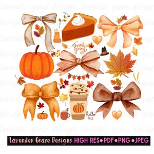 May include: A set of watercolor illustrations featuring autumnal themes. The illustrations include pumpkins, leaves, bows, a pie, a coffee cup, and a Thanksgiving greeting. The illustrations are in shades of orange, brown, and yellow.