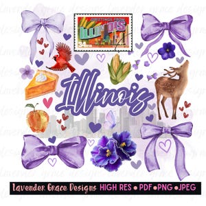 Puede incluir: Un diseño de acuarela con elementos temáticos de Illinois. Incluye un sello con el texto "Greetings from Illinois", un cardenal, una porción de pastel, una manzana, maíz, un ciervo y lazos y corazones morados. La palabra "Illinois" está escrita en cursiva.