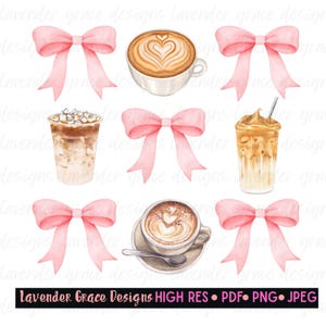 Puede incluir: Un conjunto de nueve ilustraciones de acuarela con lazos rosas, café y café helado. Las ilustraciones de café incluyen un latte, un cappuccino y un café dalgona.
