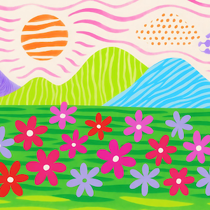 May include: A colorful illustration of a landscape with a green field of flowers in red, pink, and purple. The background features green, blue, and purple mountains, a striped orange sun, and pink wavy lines.