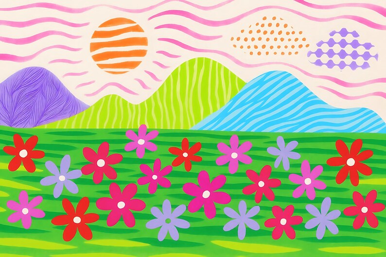 May include: A colorful illustration of a landscape with a green field of flowers in red, pink, and purple. The background features green, blue, and purple mountains, a striped orange sun, and pink wavy lines.
