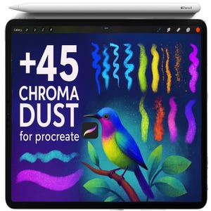 以下が含まれることがあります： 「+45 CHROMA DUST for procreate」のテキストが表示されたタブレット画面のデジタルイラスト。カラフルな筆致と枝にとまる鮮やかな鳥が描かれています。白いスタイラスがタブレットの上に配置されています。