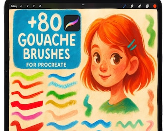 May include: A digital illustration on a tablet screen showcasing a Procreate gouache brush set. The image features a cartoon girl with red hair and freckles, along with colorful brushstroke examples and the text "+80 GOUACHE BRUSHES FOR PROCREATE."