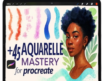 May include: A digital art tutorial on an iPad featuring watercolor brushstrokes and a portrait of a woman. The text reads "+45 AQUARELLE MASTERY for Procreate" with an Apple Pencil on top.