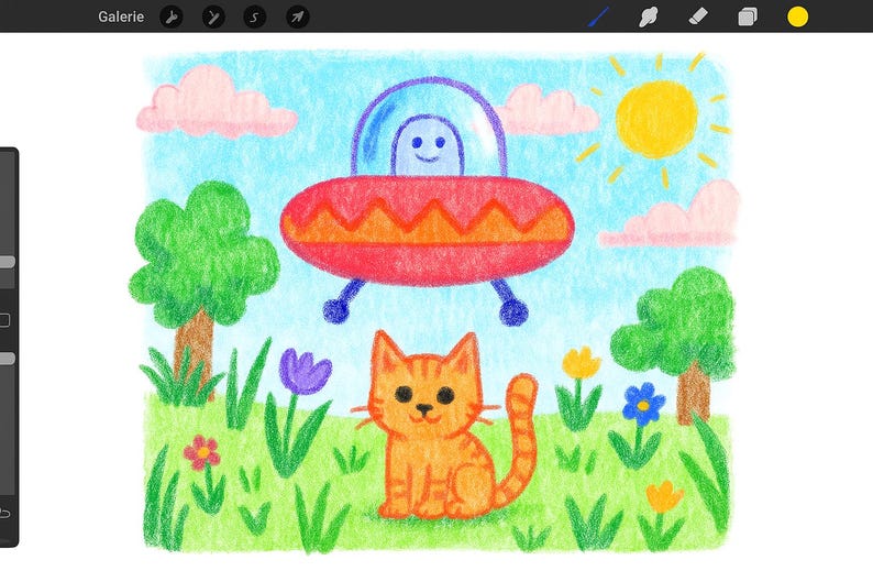 May include: A colorful illustration of a scene with a red and orange UFO with a smiling alien inside, a cute orange cat, trees, flowers, and a yellow sun against a blue sky. The word "Galerie" is in the top left corner.