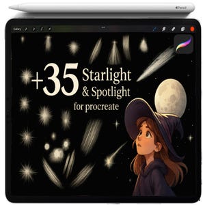 May include: An iPad with a white stylus on top displays a digital art illustration. The illustration features a young girl in a witch hat looking up at a moon and stars, with the text "+35 Starlight & Spotlight for procreate."