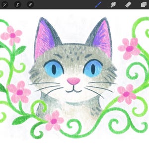 May include: A hand-drawn illustration of a cat's face with blue eyes, a pink nose, and gray fur. The cat is surrounded by green vines and pink flowers. The image has a soft, colorful aesthetic.
