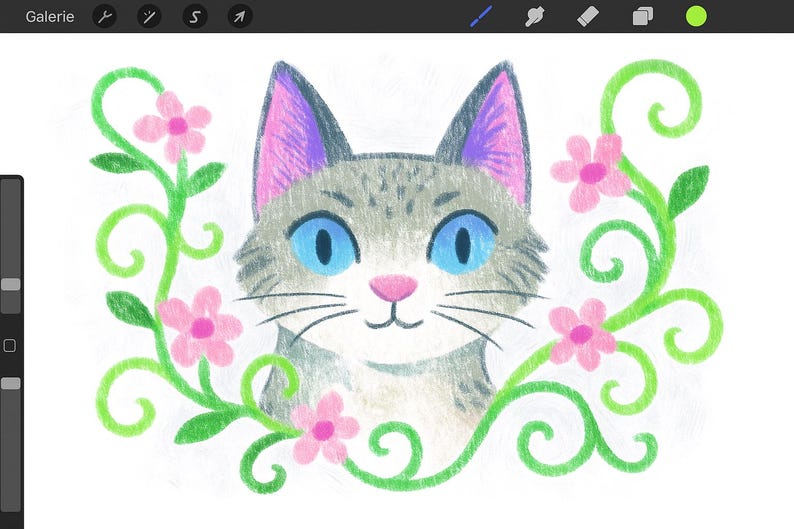 May include: A hand-drawn illustration of a cat's face with blue eyes, a pink nose, and gray fur. The cat is surrounded by green vines and pink flowers. The image has a soft, colorful aesthetic.