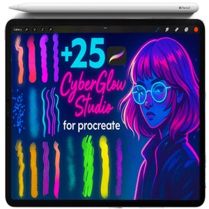 Puede incluir: Una tableta negra muestra la interfaz "CyberGlow Studio for Procreate", con trazos de pincel coloridos y una ilustración de neón de una persona con gafas. Un Apple Pencil blanco descansa encima.