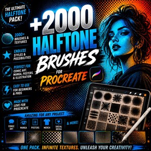 May include: Digital art product advertisement. The image features a woman with blue and yellow tones, a tablet displaying brush samples, and text that reads "+2000 Halftone Brushes for Procreate." The product is for comic art, manga, posters, and illustration.
