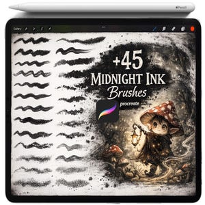 May include: A digital art display on a tablet featuring a collection of ink brushes for Procreate. The screen shows various brushstroke examples and the text "+45 Midnight Ink Brushes". A white stylus rests on top of the tablet.