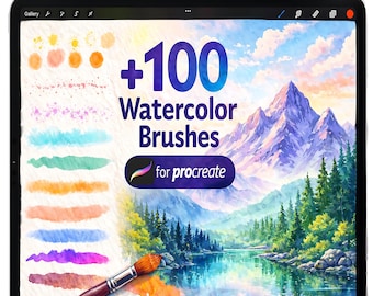May include: A black tablet displays a watercolor landscape with mountains, a lake, and trees. The screen shows the text "+100 Watercolor Brushes for Procreate." A white stylus is at the top. Watercolor brush strokes are on the left.