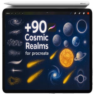 May include: A digital tablet shows a cosmic design with planets, stars, and galaxies. The text reads "+90 Cosmic Realms for Procreate." A white stylus is positioned above the tablet. The image presents digital art brushes and elements for creative projects.