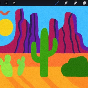 May include: A colorful digital illustration of a desert landscape. The scene features a bright yellow sun, a blue sky, and a variety of desert plants, including cacti and a green bush. The background includes red and purple rock formations.