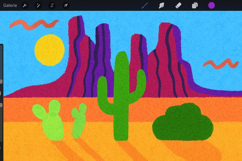 May include: A colorful digital illustration of a desert landscape. The scene features a bright yellow sun, a blue sky, and a variety of desert plants, including cacti and a green bush. The background includes red and purple rock formations.