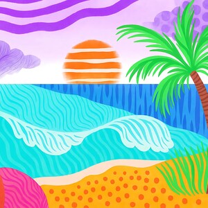 May include: A vibrant illustration of a beach scene with a sunset. The artwork features a bright orange sun, blue ocean waves, a palm tree, and a sandy shore with colorful, abstract shapes. The sky is a mix of purple and pink.