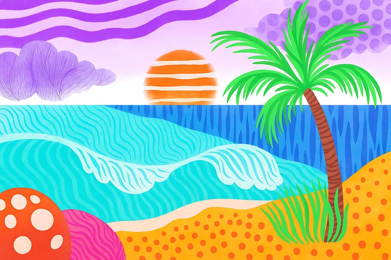 May include: A vibrant illustration of a beach scene with a sunset. The artwork features a bright orange sun, blue ocean waves, a palm tree, and a sandy shore with colorful, abstract shapes. The sky is a mix of purple and pink.