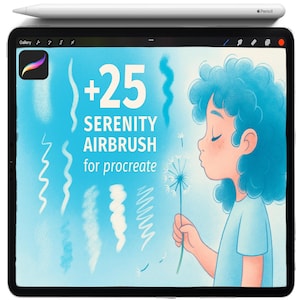Può includere: Illustrazione digitale su schermo di tablet, con una persona che soffia semi di dente di leone. Lo schermo mostra il testo "+25 SERENITY AIRBRUSH for procreate" ed esempi di tratti di pennello. Una Apple Pencil bianca è sopra.
