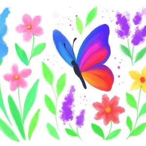 May include: A colorful illustration of a butterfly with blue, pink, and orange wings, surrounded by various flowers and green leaves. The flowers include pink, yellow, and purple blooms, creating a vibrant, whimsical design.