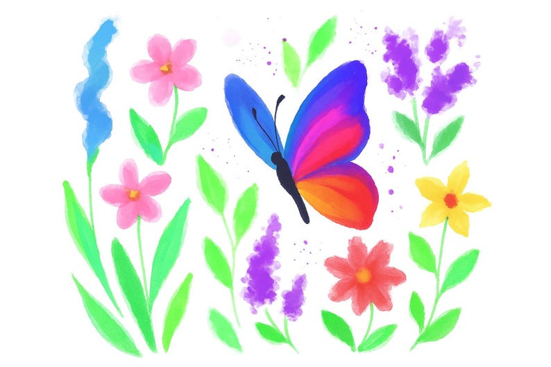 May include: A colorful illustration of a butterfly with blue, pink, and orange wings, surrounded by various flowers and green leaves. The flowers include pink, yellow, and purple blooms, creating a vibrant, whimsical design.