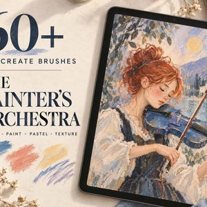 May include: A digital tablet displaying an impressionistic painting of a person playing a blue violin by a lake. Text on the screen reads 60+ PROCREATE BRUSHES THE PAINTER'S ORCHESTRA SKETCH PAINT PASTEL TEXTURE with colorful brush stroke samples.